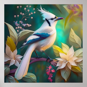 White Tufted Teal Wing Jay Fantasy Bird Poster