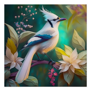 White Tufted Teal Wing Jay Fantasy Bird Poster