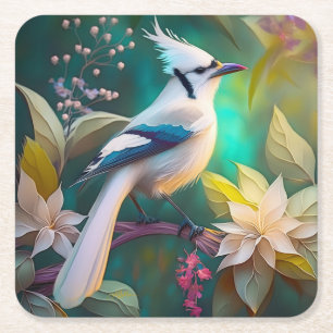 White Tufted Teal Wing Jay Fantasy Bird Square Paper Coaster