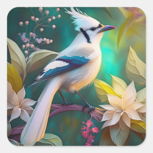 White Tufted Teal Wing Jay Fantasy Bird Square Sticker