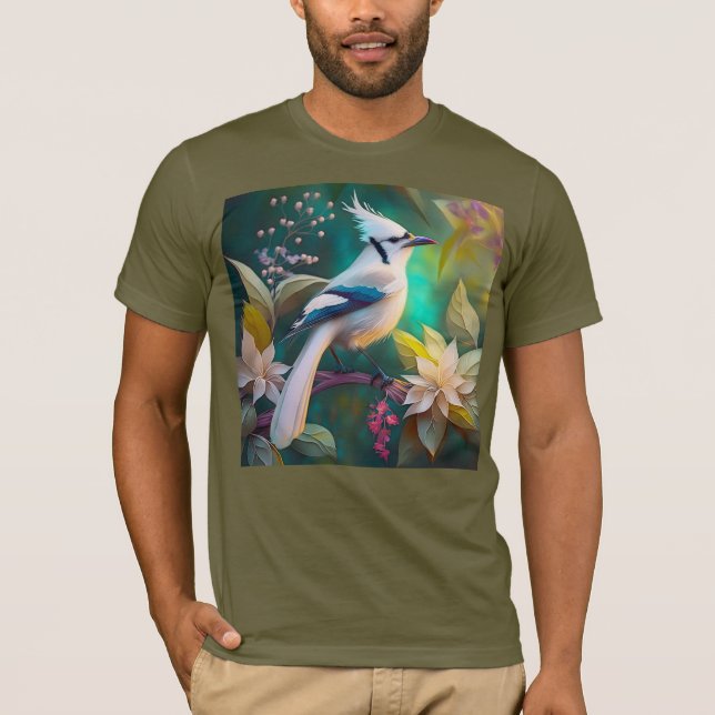 White Tufted Teal Wing Jay Fantasy Bird T-Shirt (Front)