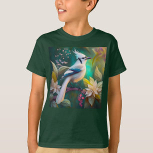White Tufted Teal Wing Jay Fantasy Bird T-Shirt