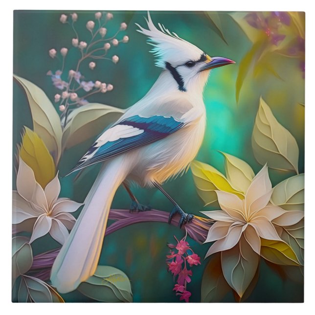 White Tufted Teal Wing Jay Fantasy Bird Tile (Front)