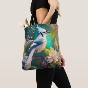 White Tufted Teal Wing Jay Fantasy Bird Tote Bag