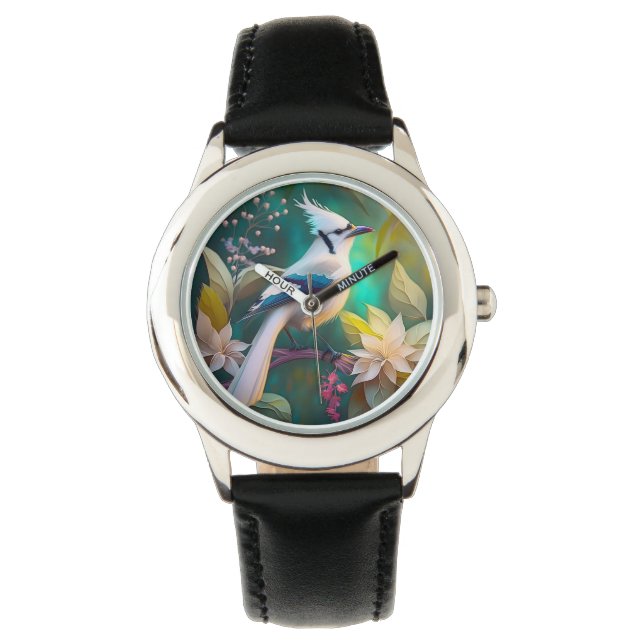 White Tufted Teal Wing Jay Fantasy Bird Watch (Front)