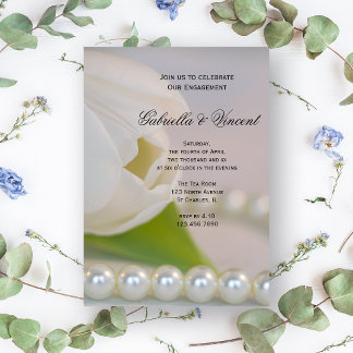 White Tulip and Pearls Spring Engagement Party Invitation