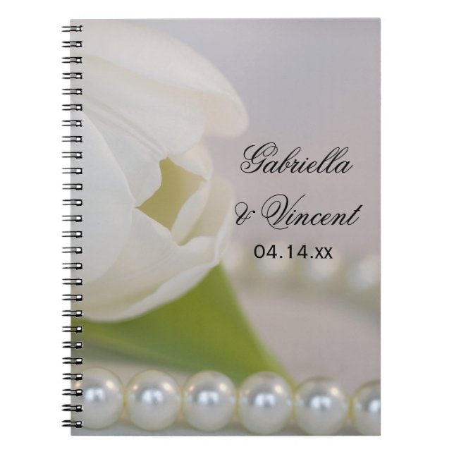 White Tulip and Pearls Spring Wedding Spiral Notebook (Front)