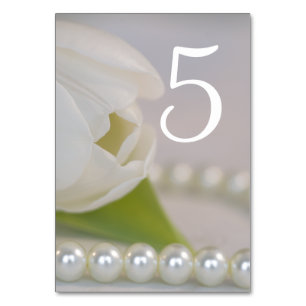 White Tulip and Pearls Spring Wedding Table Number