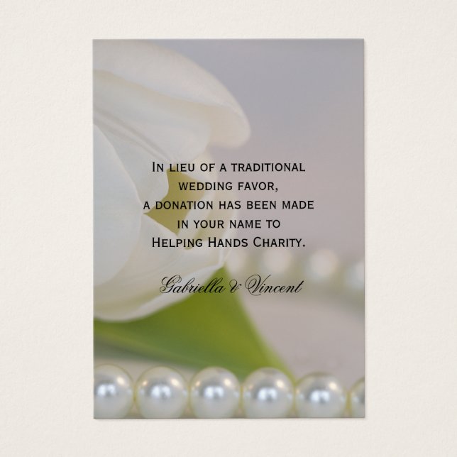 White Tulip and Pearls Wedding Charity Favor Card (Front)