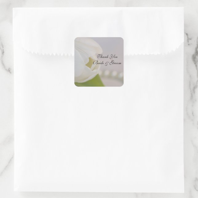 White Tulip and Pearls Wedding Thank You Favour Ta Square Sticker (Bag)
