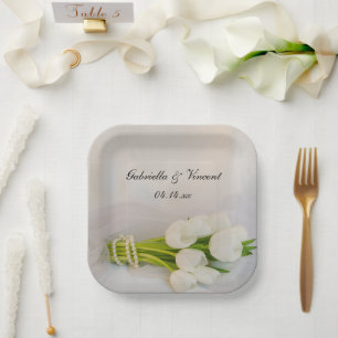 White Tulip Bouquet Spring Wedding Paper Plate