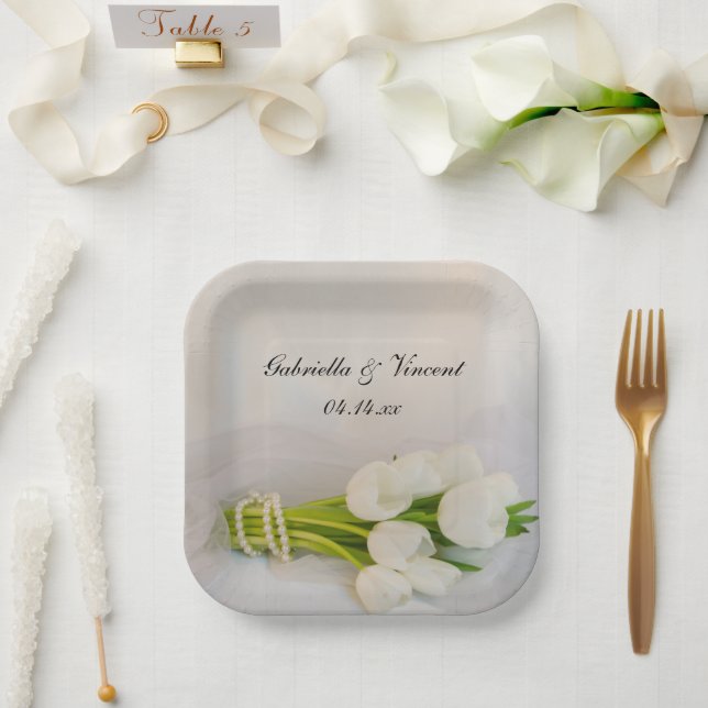 White Tulip Bouquet Spring Wedding Paper Plate (Wedding)