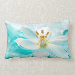 White Tulip Flower Blue Water Pond Aqua Turquoise Lumbar Cushion