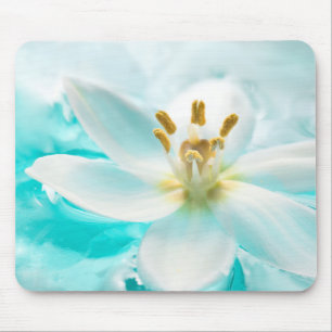 White Tulip Flower Blue Water Pond Aqua Turquoise Mouse Pad