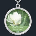 White Tulip Flower Necklace<br><div class="desc">This is a white tulip. Makes a great gift for a loved one. Names and Date can be changed to your own. Just enter them in the text boxes to the right.</div>
