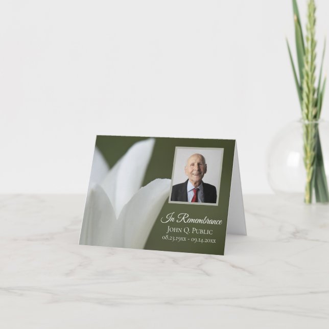 White Tulip Flower on Green Funeral Memorial Thank You Card (Front)