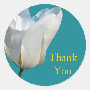 white tulip flower thank you stickers. classic round sticker