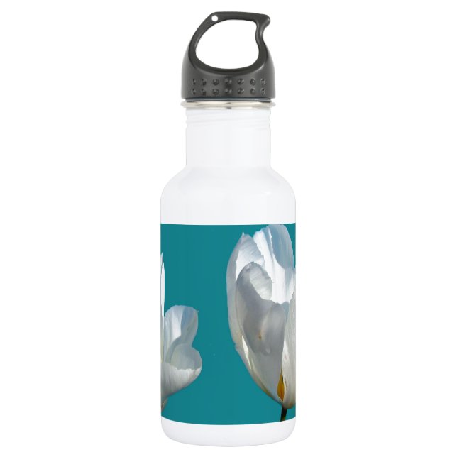 white tulip flowers in aqua blue background 532 ml water bottle (Front)