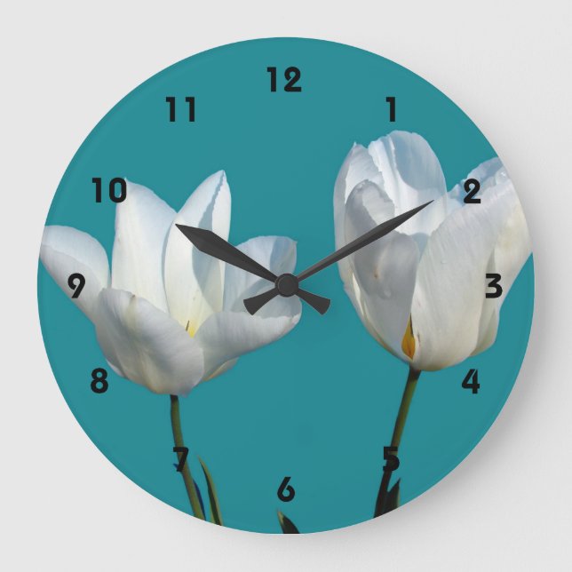 white tulip flowers in aqua blue background large clock (Front)