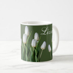 White tulip flowers on green by Berglind Design Coffee Mug