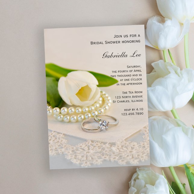 White Tulip, Pearls and Rings Bridal Shower Invitation (Creator Uploaded)