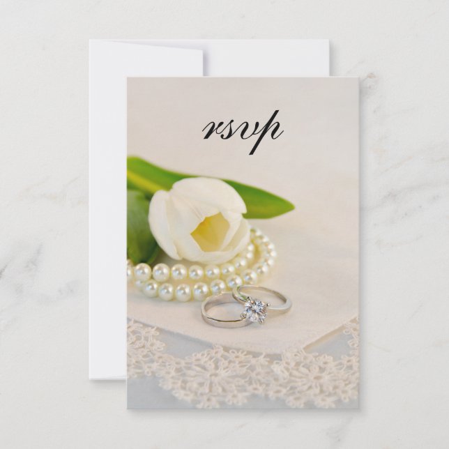 White Tulip, Pearls and Rings Wedding RSVP Card (Front)