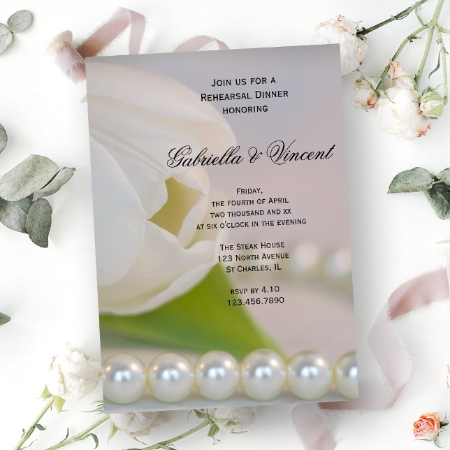 White Tulip Pearls Spring Wedding Rehearsal Dinner Invitation (Creator Uploaded)