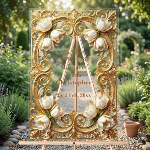 White Tulips Baroque Opulence Gold Ornate Wedding  Acrylic Sign