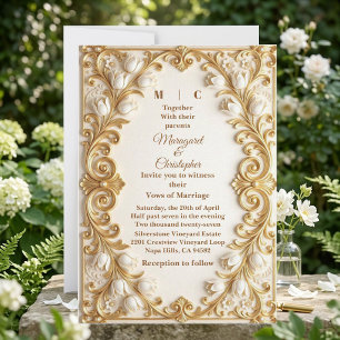 White Tulips Baroque Opulent Gold Florals Wedding  Invitation