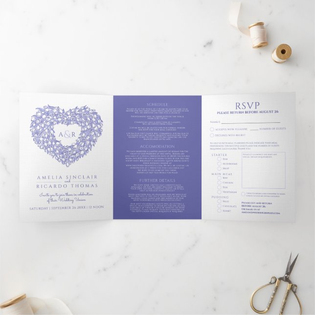 White tulips blue heart art monogram wedding Tri-Fold invitation (Inside)