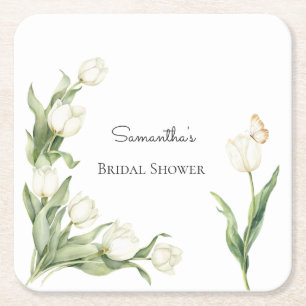 White Tulips Butterfly Bridal Shower   Square Paper Coaster