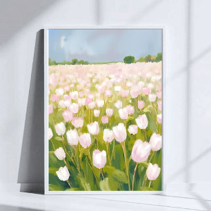 White Tulips Flower Field Painting Watercolor Poster