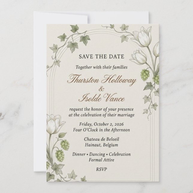 White Tulips, Hops, Ivy Leaves, Arched Border Fram Invitation (Front)