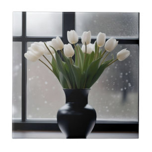 White Tulips In Black Vase By Frosty Window, Tile