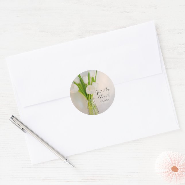 White Tulips in Milk Bottle Wedding Classic Round Sticker (Envelope)