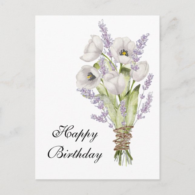 White tulips lavender bouquet happy birthday postcard (Front)