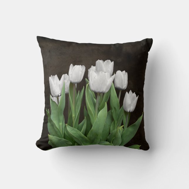 White Tulips On Dark Texture Cushion (Front)