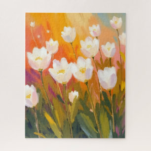 White Tulips Watercolor Flower Field Painting Jigsaw Puzzle
