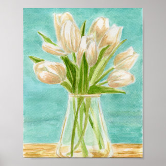 White Tulips Watercolor Poster