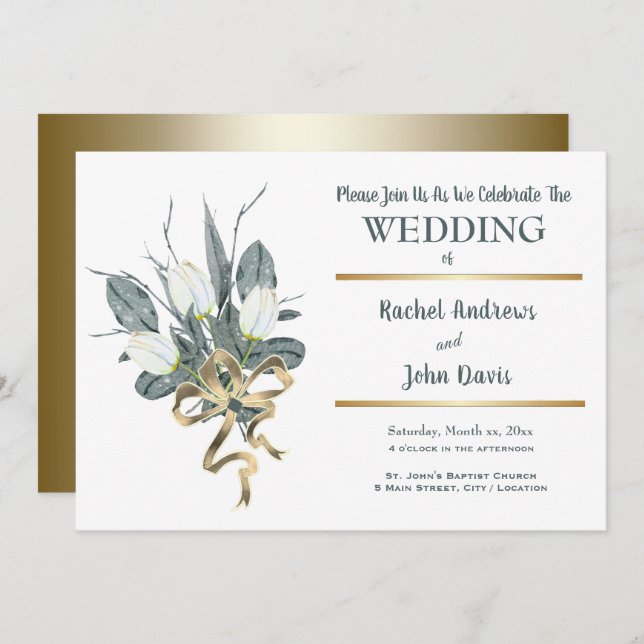 White Tulips With Gold, Wedding Invitation (Front/Back)