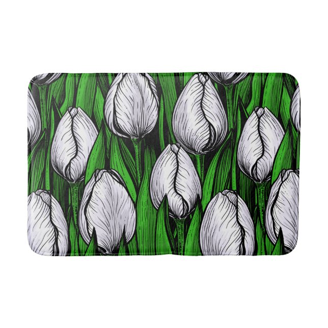 White tulips with green leaves bath mat (Front)