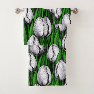 White tulips with green leaves bath towel set