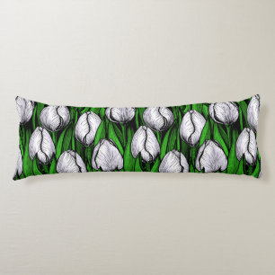 White tulips with green leaves body cushion