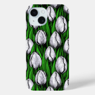 White tulips with green leaves iPhone 15 case