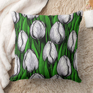 White tulips with green leaves cushion