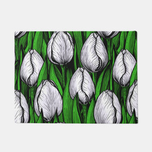 White tulips with green leaves doormat