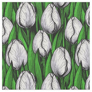 White tulips with green leaves fabric