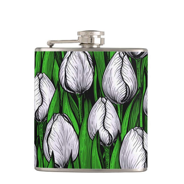 White tulips with green leaves hip flask (Front)