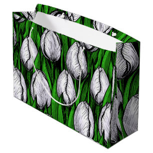 White tulips with green leaves large gift bag