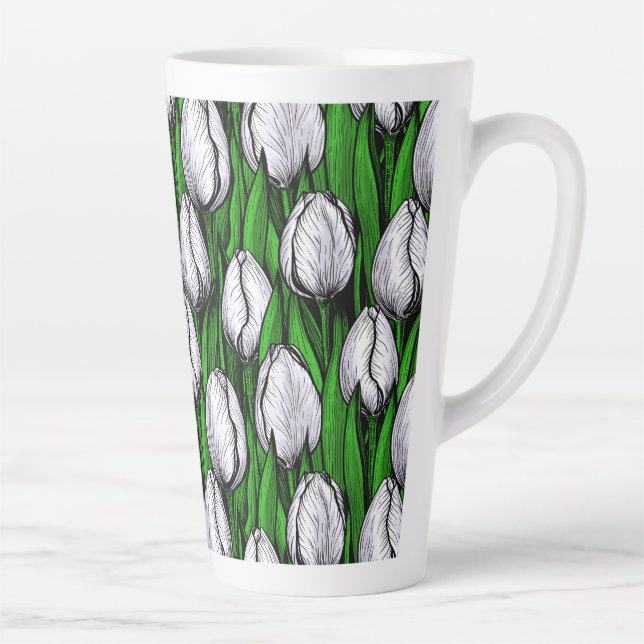 White tulips with green leaves latte mug (Right)